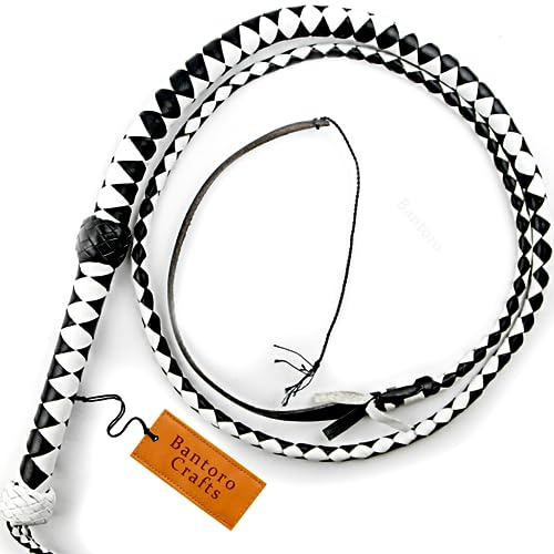 Frusta in Vera Pelle di Vacchetta 6 Piedi / 1,8 Metri in 12 trecce BullWhip in Bianco e Nero per Equitazione Che schiocca Forte Frusta per bovini da Lavoro