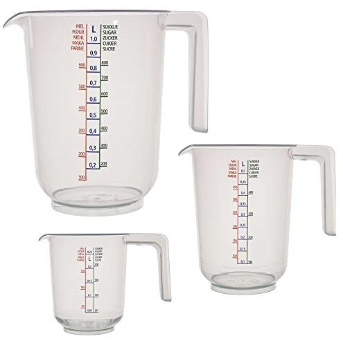Messbecher-Set - 3 Größen: 1000ml, 500ml, 250ml - bruchsicher, Ausgießer, Skala transparent & stapelbar mit Griff - PP-Kunststoff lebensmittelecht - für Mehl, Zucker