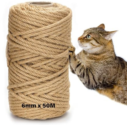 DOBIGER Corda Tiragraffi per Gatti 50m, Juta Naturale 6mm, Sisal per Tiragraffi, Canapa per Decoración del Hogar y el Jardín