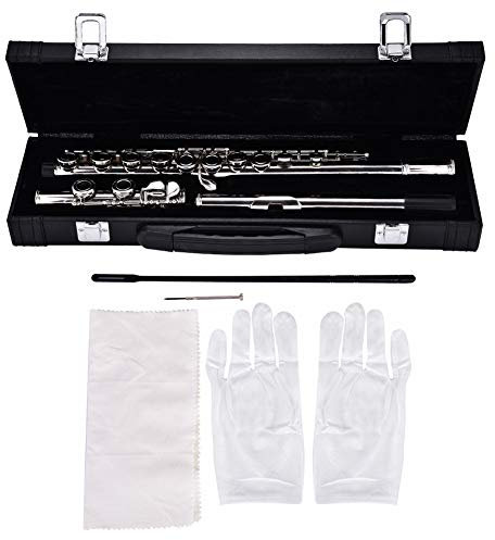 C Flöte 16 geschlossen Löcher Querflöte, Querflöte Kupfernickel Überzogene Silberne 16 Löcher C Tonart Holzblasinstrument mit Korkfett Reinigungstuch Stock Lederbox