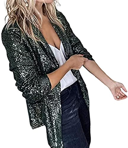 Chaqueta de Lentejuelas para Mujer Chaqueta Informal de Manga Larga con Solapa Blazer con Purpurina Chaqueta Corta para Fiesta con Lentejuelas y Purpurina (Verde,XXL)