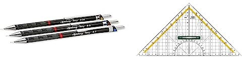 rOtring Tikky Druckbleistift Set | 0,35mm, 0.5mm und 0,7mm | Schwarz | 3-teiliges Set & Linex Geodreieck aus Kunststoff, mit Griff, 30 cm, bruchsicher und transparent