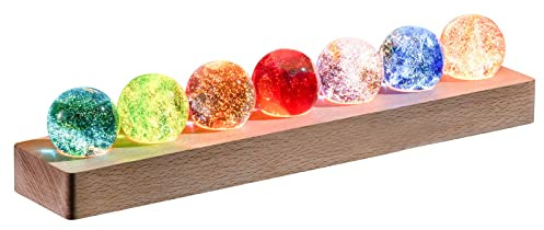 JOJOCY 7 bunte Glaskristallkugeln mit LED-Licht, Holzständer natürliche Kristall-Quarz-Heilkugeln Nachtlicht-Dekoration