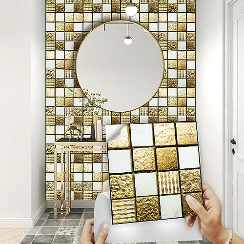 Kitchen Tile Stickers 15cm x 15cm Gold White Stick on Tiles Tile Stickers for Bathroom Stick on Wall Tiles Backsplash for Kitchen Stick on Tiles Self-Adhesive Vinyl Home Decoration （10 Pieces）