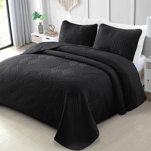 Exclusivo Mezcla Ultrasonic Tagesdecke, Leichte Bettüberwurf Steppdecke | 240x260 CM Tagesdecke Bettüberwurf mit zwei Kissenbezüge, geometrische Wohndecke als Überwurfdecke für Wohnzimmer, Schwarz