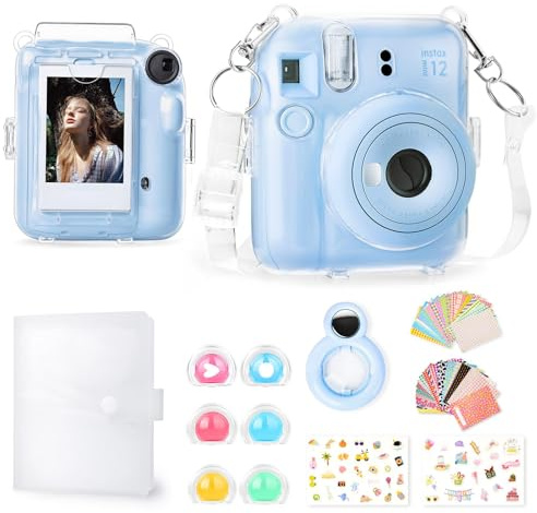 Rieibi Housse pour appareil photo Fuji Instax Mini 12, Housse pour appareil photo instantané Mini 12 avec bandoulière amovible et joli autocollant
