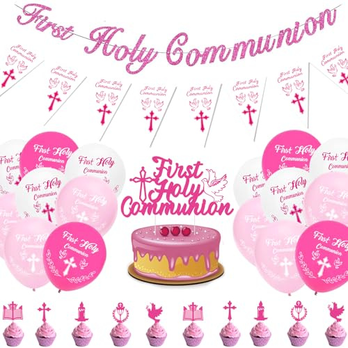 Rosa Dekoration für die Heilige Kommunion – 25 Stück Mädchen Konfirmation Dekorationen, 1 Banner, 1 Wimpel, 12 Luftballons, 11 Tortenaufsatz