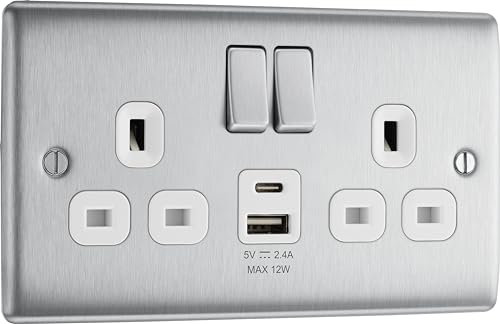 BG Electrical 12W Double Switched Power Wall Plug Socket with Type A and Type C USB Charging Ports, Nexus Metal, Brushed Steel, White Inserts, 13A, NBS22UAC12W