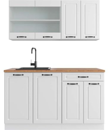 Vicco Küchenzeile R-Line, Weiß Landhaus, 140 cm | 4 Module · Höhenverstellbare Füße · AP Eiche inkl. · MDF-Fronten · Mit Glasschrank · Frei kombinierbar