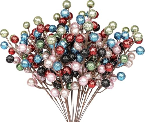 24 Pcs Artificial Berry Stems Branches,Christmas Faux Holly Berries Branche | colorful holly berry stems. Bendable wire, lifelike foam. Ideal for Xmas wreaths & trees, DIY crafts, vases, gift wrapping
