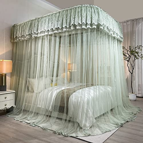 MOLVUS Moskitonetz fürs Bett, Kingsize-Betthimmel zum Aufhängen, Vorhangnetz, Rüschen-Prinzessinnen-Moskitonetz mit 4 Eckpfosten, Betthimmel,Grün,1,5M
