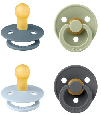 BIBS Colour Schnuller, 0-6 Monate, 4er-Pack, Runder Sauger, Baby Blue Mix | Naturkautschuklatex | Größe 1 | BPA-frei | Hergestellt in Dänemark | Hohe Akzeptanz | Luftlöcher | Komfortschild