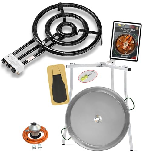 COMBOI Kit Paellero de Gas Profesional - Quemador 53 cm de 3 aros, Paellera de acero pulido 70 cm, regulador, manguera, patas trípode, nivel, delantal, recetario digital (Kit Paellero Pro-T 53 cm)