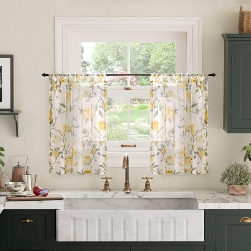 Lajode Kurze Café-Vorhänge, Blumenmuster, halbtransparent, 76,2 x 61 cm, 2 Paneele | Boho Vintage Farmhouse Cute Semi-Sheer, Shabby Flower Light Filtering Linen Curtains for Kitchen Rod Pocket
