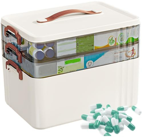 Boîte de rangement pour médicaments, boîte de rangement de premiers secours en plastique à 3 niveaux avec poignée portable et deux plateaux - Grande boîte de rangement pour médicaments d'urgence pour