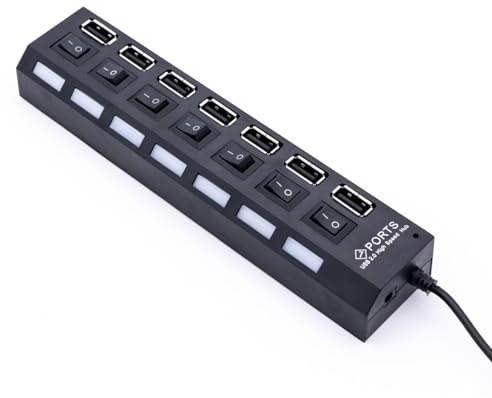 jojofuny 7 Ports USB 2.0 Hub with LED Indicator and Independent Controls, Plastic Multi USB Port for Laptop and PC Data Transfer and Expansion