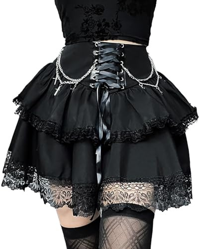XKBHYD Mini Black Super Skirt Doppelter Gothic-Halbrock Sommer Damen-Halbrock Y2k Lace Ruffle Half Rock Taillierter Kordelrock