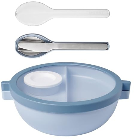 Mepal - Meal Prep Boxen Vita Set - Bento Schüssel + 3-teiliges Besteck-Set Ellipse - Brotdose mit Fächern - Extra Fach mit Deckel, Dressing-Deckel & Tablett - Bentobox - 1500 ml - Nordic Blue