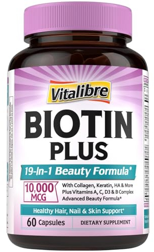 Vitalibre Biotin 10000mcg, Vitamin B7, Hydrolyzed Keratin, Hyaluronic Acid, Collagen, Amino Acids, MSM, Vitamins A, C, D3, B Complex, Hair, Nail, Skin, for Women & Men, 60 Caps