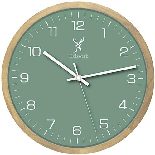 Holzwerk NAUMBURG Natur Holz Wanduhr Quarzwanduhr Moderne Wand-Uhr Glas Grün Buche nahezu lautloses Uhrwerk aus handgefertigtem Massivholz 30 cm Durchmesser (Grün-Beige)