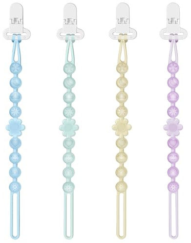 Iwooduubb Silicone Pacifier Clip Holder with One-Piece Beads, 4 Packs Soft Flexible and Rust-Free Binky Pacifiers Clips for Teething Relief Baby Essentials Accessories, Safe for Boy and Girl