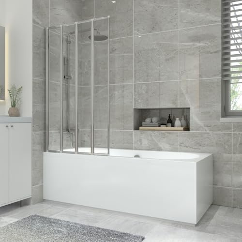 NRG 1700x750mm Acrylic Straight Bath + Chrome 4 Panel Folding Bath Screen with Front & End Panel White Bathroom Bathtub
