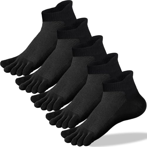 QUPOLPOL Men's Five-Toe Sport Socks - 5-Pack Athletic Socks with Separated Fingers Breathable Cotton Ideal for Running, Gym, and Daily Wear, Ankle Sock for Foot Health and Comfort, Black, UK 6-10