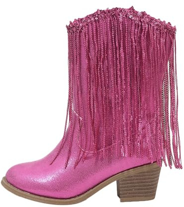 2026 - Botas de invierno para mujer y niñas, de piel de color sólido, a la moda, para niños, vaqueros, occidentales, otoño y casual, borlas, 2024, hot pink, 35 EU