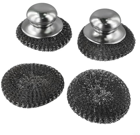 Steel Wool Scrubber with Handle for - Stainless Steel Pot Brush for Heavy Duty Kitchen Cleaning, Includes 2 Wire Brushes and 2 Replacement Heads, 10 cm Diameter