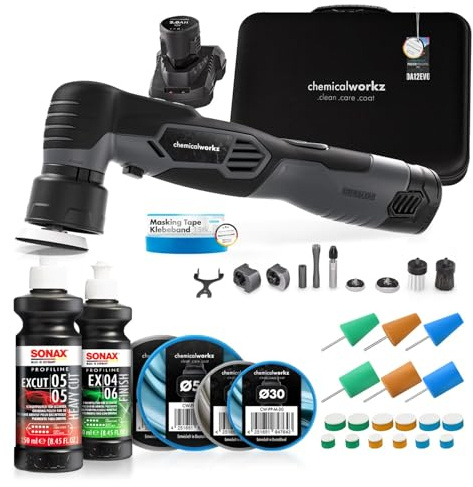 chemicalworkz EVO Mini Akku Poliermaschine 25-teiliges Set I Exzenter & Rotation I mit Akkus Adaptern Stütztellern Pads Sonax-Polituren und Zubehör