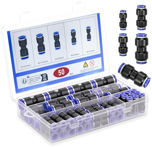 SRJQXH 50 Pezzi Kit Raccordi Pneumatici, Inclusi 4 mm, 6 mm, 8 mm, 10 mm e 12 mm Raccordi Aria Compressa, per L'uso Nei Settori Dell'automazione, delle Attrezzature per Officine