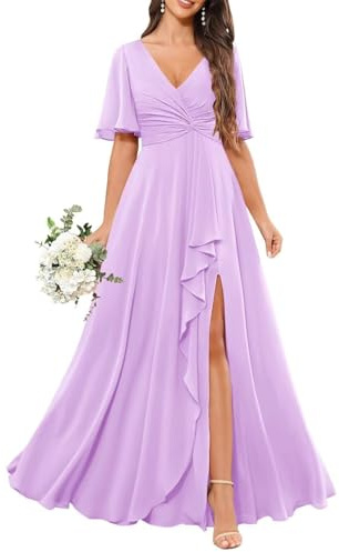 KIYNE Vestido de gasa para dama de honor con mangas plisadas, cuello en V, vestido formal de noche, Lila, 44