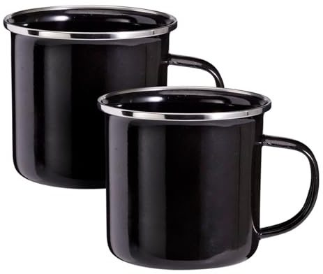 2er Set Emaille Becher 350 ml Schwarz mit Griff Tasse Camping Kaffee Tee Kaffeebecher Kaffeetasse