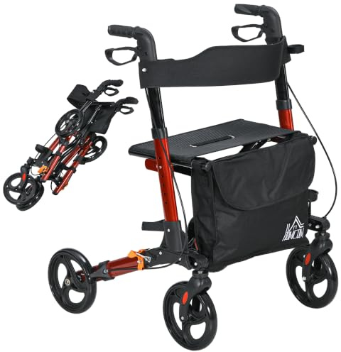 HOMCOM Déambulateur 4 Roues Pliable en Aluminium, Freins Doubles, Rouge
