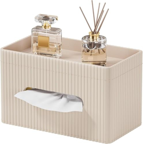 KINGFOM Kosmetiktücherbox aus PU Leder, Rechteckige Taschentuchbox mit Ablage, Moderne Tissue Box Taschentuchspender für Wohnzimmer, Badezimmer & Büro (Beige)