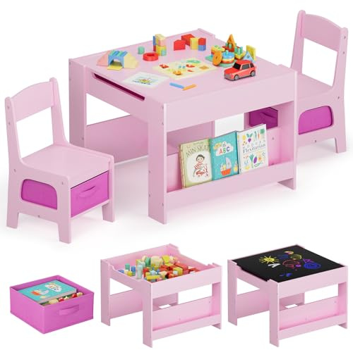 MAMIZO Tavolo per bambinicon 2 PCS sedie, 3 in 1 Set tavolo e sedie, Mobili in legno per bambini con contenitori e librerie, Tavolo da gioco e attività, Tavolo da disegno, 3-7 ann (Rosa)
