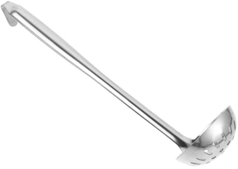 VERDANVERSE Cucharón de Metal Ranurado de Acero Inoxidable con Mango Largo y Gancho, Resistente para Uso Diario y Fácil Almacenamiento en Cocinas y Eventos