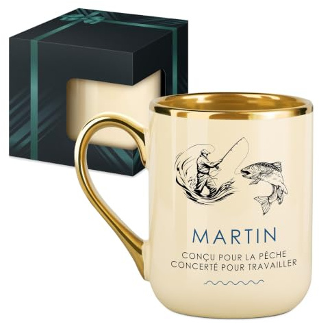 Maverton Mug Personnalisé pour lui, Tasse Personnalisable en Céramique | Beige Brillante 300ml, Mug thé et café, Idee Cadeau Homme Original et Pratique, Cadeau Anniversaire Homme, pêcheur