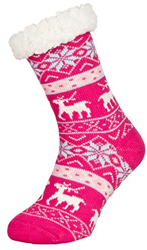 Tobeni 1 Paar Damen Hüttensocken ABS Socken Kuschelsocken mit Anti-Rutsch Noppen Sohle Grösse One Size Farbe Deer Pink