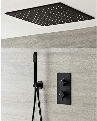 MILANO Black Thermostatic Mixer Valve Square Recessed Shower Head Handset