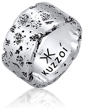 Kuzzoi Herrenring (12.5 mm) Massiv Handgeschmiedet, Bandring für Männer aus 925 Sterling Silber, Silberring gehämmert oxidiert, Ring im Rustikal Look, Ringgröße 62, 0602552120_62