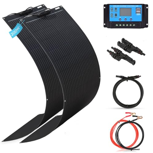 XINPUGUANG 200w 12v Panneau Solaire Souple Monocristallin Panneau Solaire Flexible Contrôleur de charge solaire 20A pour Camping-car, Bateau, Caravane (200W-Noir)
