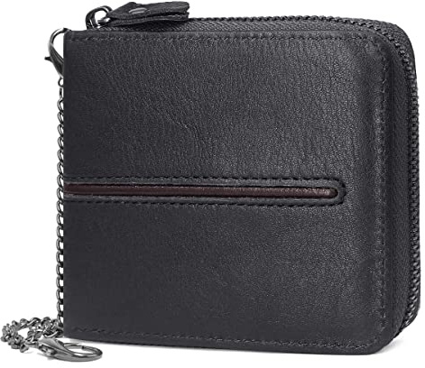 Cartera de Cuero para Hombre - RFID Bloqueo, 9 Ranuras para Tarjetas, 2 Ranuras para Billetes, Monedero con Cremallera, Bolsillo para Monedas, Tarjetero con Cadena Extraíble (Negro)