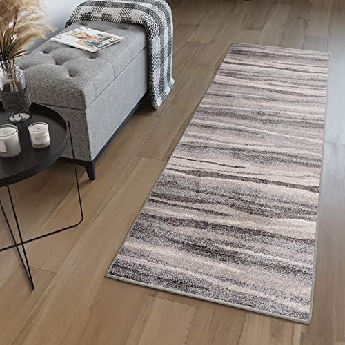 TAPISO Sari Teppich Läufer Flur Grau Beige Kurzflor Modern Streifen Meterware Brücke nach Maß Küche Wohnzimmer Schlafzimmer ÖKOTEX 90 x 320 cm