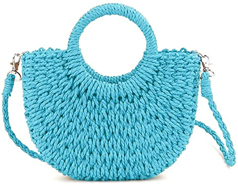 QTKJ Mini-Strohtasche, halbrund, handgewebt, Damen, Sommer, Retro, Strandtasche, Umhängetasche, Crossbody, Reisen, Strandtasche, Blau, 6.29''x 9.84''