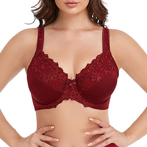 Ayigedu UK Women's Underwire Bra Lace Non Padded Plus Size Full Coverage Minimizer Bras 32-H Wine Red