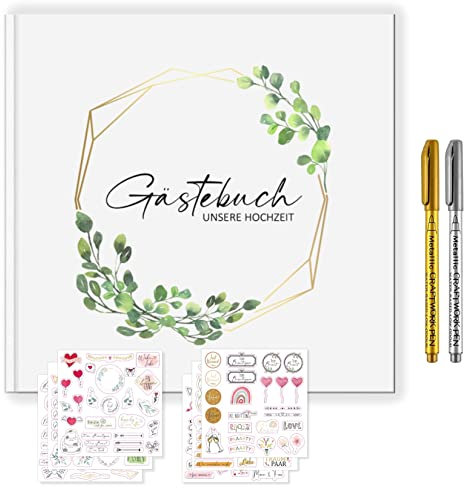 CAVOADO Gästebuch Hochzeit mit Gratis Sticker + Metallic Stifte 120 Seiten Hochzeitsgästebuch Eukalyptus Vintage Wedding Guestbook Hochzeitsdeko Brautpaar