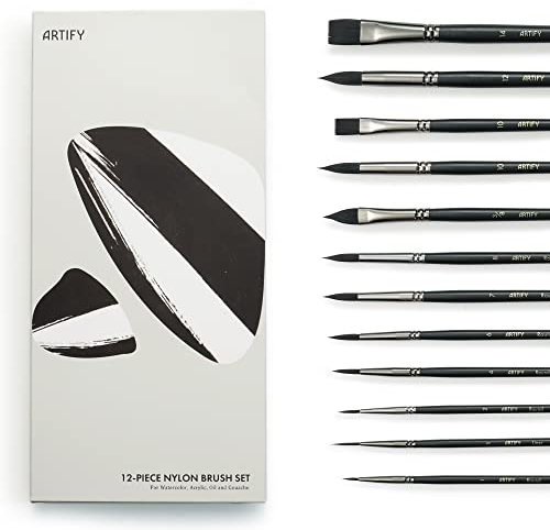 ARTIFY Acquerello Pennello Set-12 Pz Morbido Pennelli di Nylon Sintetico per Acquerello, Acrilico, Pittura a Olio Gouache, Include Pizzo Rotondo, Piatto, Cat Tongue, Serie Intermediate