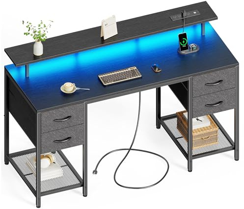 Huuger 55 inch Computer Desk with 4 Drawers, Gaming Desk with LED Lights & Power Outlets, Home Office Desk with Large Storage Space for Bedroom, Work from Home, Black