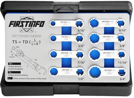 FIRSTINFO F3453A 3/8 Zoll SAE 12-Kant Ringschlüssel Drehmomentadapter Satz 8-teilig aus Chrom Vanadium Stahl mit Aufbewahrungskoffer